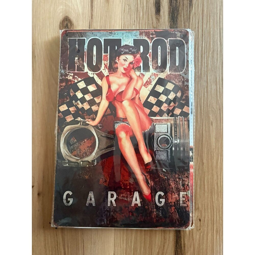 Vintage Pinup "Hot Rod Garage" Metal Sign – Great Workshop Decor!